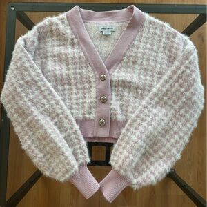 Elegant Pink and White Houndstooth Cardigan cropped oversized